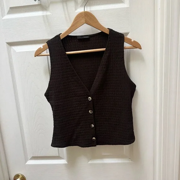 Zara TOP GILET BOUTONS TEXTURED Chocolate brown tank v neck m medium - Picture 2 of 7
